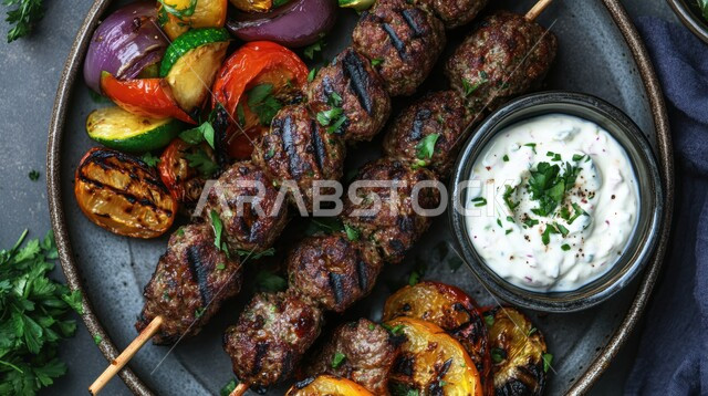 مأكولات وأطباق عربية تقليدية, وجبات غذائية غنية بالبروتين, وصفات الطعام الصحية الشهية, فنون تقديم الأطعمة الشرقية اللذيذة, أنواع اللحوم المشوية, طبق من لحم الكباب المشوي اللذيذ  مع الخضراوات، المطاعم في المملكة العربية السعودية