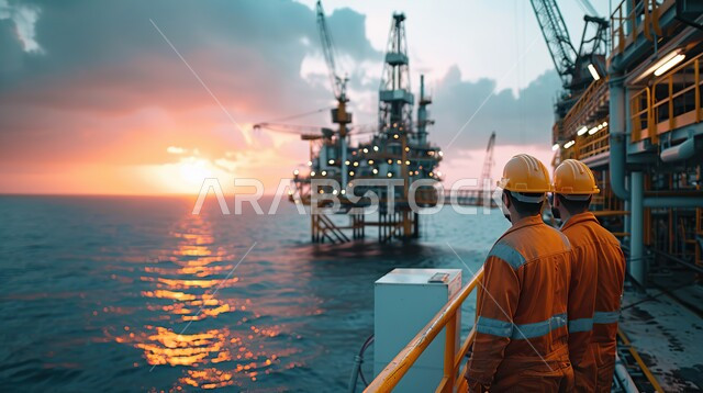 استخراج وتصدير النفط و الغاز, جودة الأدوات والمعدات لصناعة وتخزين البترول, صورة من الخلف لمهندسان عربيان خليجيان سعوديان يرتديان سترة و خوذة الحماية يقفان على متن سفينة يقومان بمراقبة أعمال التنقيب عن الثروات الباطنية في البحر