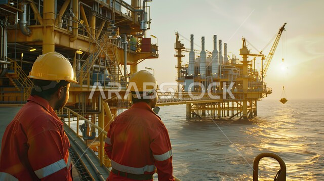 Oil and gas extraction and export, quality of tools and equipment for petroleum industry and storage, back view of two Saudi Arabian Gulf engineers wearing protective jacket and helmet standing on board a ship monitoring exploration work for underground resources in the sea