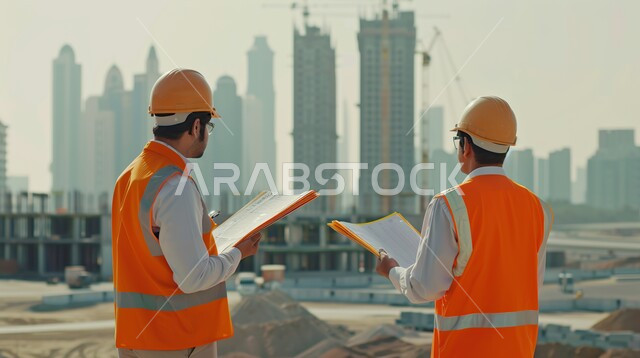 Working in the engineering sector, supervising engineering works, development and growth of the engineering field in the Kingdom of Saudi Arabia, a picture from the back of two Saudi Arabian Gulf engineers wearing a protective jacket and helmet standing in the workplace and holding construction plans