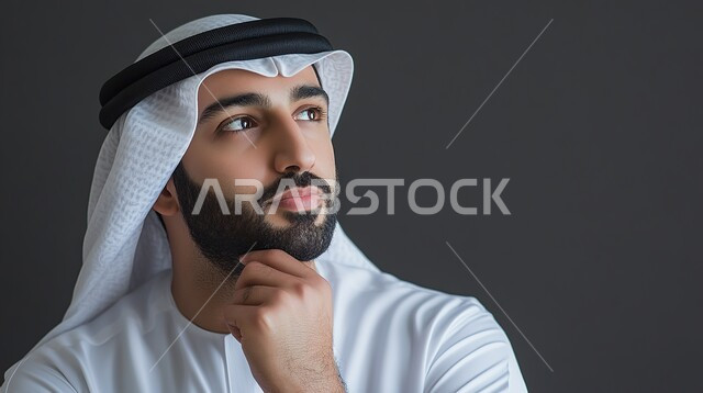 Staring blankly at a place, gestures of confusion and anxiety, trying to find a solution to a problem, contemplation, concentration and planning for the future, close-up portrait of a Saudi Arabian Gulf man wearing a traditional thobe looking into the distance with an expression of thought and contemplation, gray background