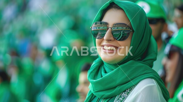 الشغف في متابعة مباريات كرة القدم, تشجيع الفريق السعودي, الاهتمام بالألعاب الرياضية الترفيهية, صورة مقربة لشابة عربية خليجية سعودية مبتسمة ترتدي حجاب باللون الأخضر و نظارة شمسية تجلس في مدرج الملعب و تقوم بمشاهدة المباراة