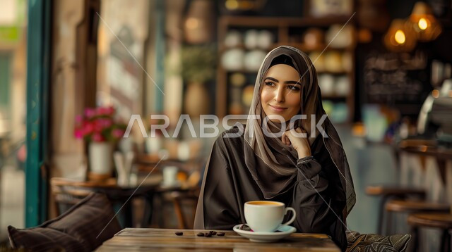 الاستمتاع في تناول المشروبات الساخنه الشهيه، مفهوم الاهتمام بالمظهر الخارجي، منتجات محلية وطنية سعودية، صورة مقربة لامراة عربيه خليجية سعودية مبتسمة محجبة تجلس في أحد المقاهي وبجانبها كوب من القهوة، ايماءات السعادة والسرور