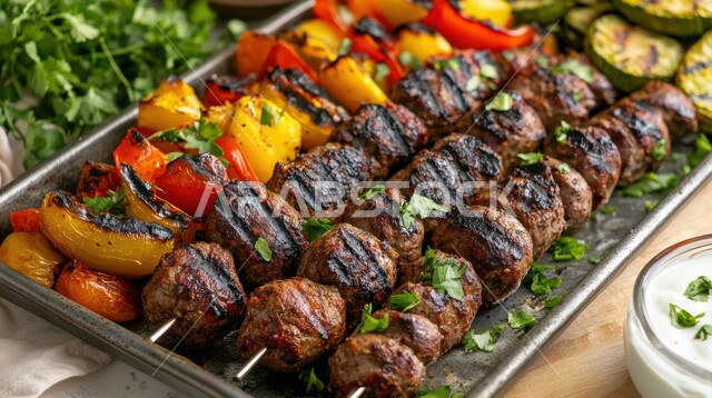 طبق من لحم الكباب المشوي اللذيذ مع الخضراوات، مأكولات وأطباق عربية تقليدية, وجبات غذائية غنية بالبروتين, وصفات الطعام الصحية الشهية, فنون تقديم الأطعمة الشرقية اللذيذة, أنواع اللحوم المشوية, المطاعم في المملكة العربية السعودية