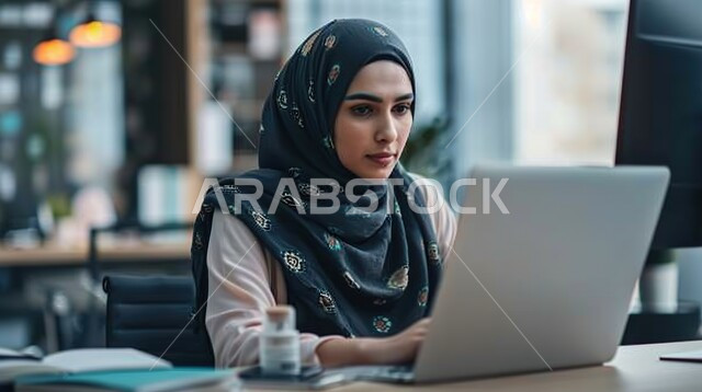مهن ووظائف مكتبية نسائية، إدارة وتنظيم الأعمال ضمن مقر الشركة, بيئة العمل المريحة في شركات المملكة، استخدام الوسائل التقنية الحديثة والمتطورة لإنجاز المهام, امرأة عربية خليجية سعودية محجبة ترتدي الزي الكاجوال تعمل على الحاسب المحمول بايماءات التركيز والاندماج