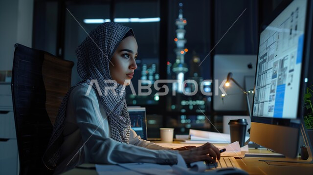 Business management and organization within the company's headquarters, women's office jobs and professions, comfortable work environment in the Kingdom's companies, a veiled Saudi Arabian Gulf woman wearing casual clothes working on the computer with gestures of focus and integration, using modern and advanced technical means to accomplish tasks