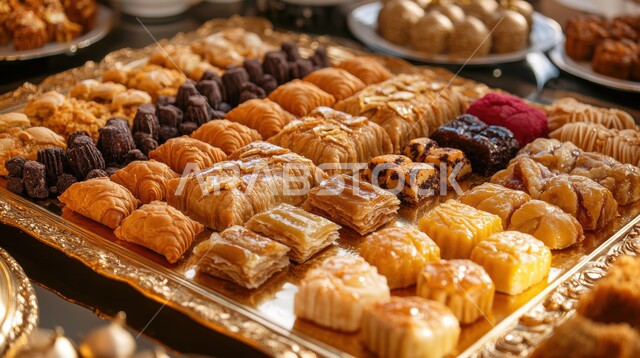 سفرة مليئة باطباق من الحلويات اللذيذة بالفستق والمكسرات، كرم الضيافة في السعودية، وصفات الأطعمة العربية الشرقية، أكلات غنية بالسكريات والسعرات الحرارية، ضيافة الأعياد والمناسبات في المملكة، منتجات محلية وطنية