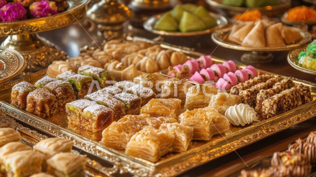 سفرة مليئة باطباق من الحلويات اللذيذة بالفستق والمكسرات، كرم الضيافة في السعودية، وصفات الأطعمة العربية الشرقية، أكلات غنية بالسكريات والسعرات الحرارية، ضيافة الأعياد والمناسبات في المملكة، منتجات محلية وطنية