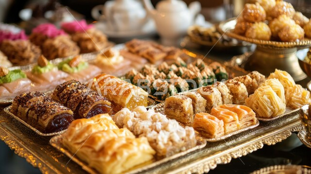 سفرة مليئة باطباق من الحلويات اللذيذة بالفستق والمكسرات، كرم الضيافة في السعودية، وصفات الأطعمة العربية الشرقية، أكلات غنية بالسكريات والسعرات الحرارية، ضيافة الأعياد والمناسبات في المملكة، منتجات محلية وطنية