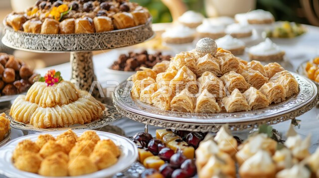 سفرة مليئة باطباق من الحلويات اللذيذة بالفستق والمكسرات، كرم الضيافة في السعودية، وصفات الأطعمة العربية الشرقية، أكلات غنية بالسكريات والسعرات الحرارية، ضيافة الأعياد والمناسبات في المملكة، منتجات محلية وطنية