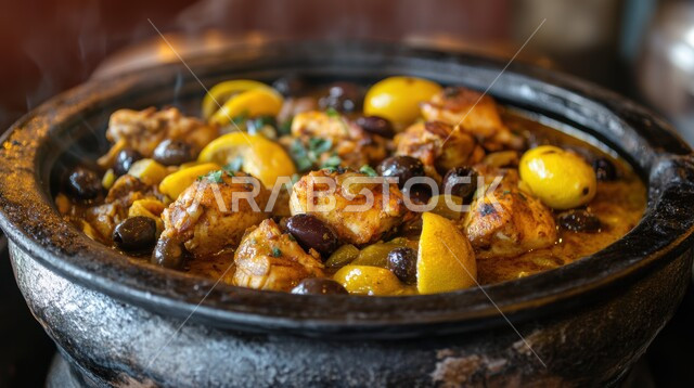 فنون تقديم الطعام في مطاعم المملكة العربية السعودية، وصفات المأكولات الشرقية الشهية، وجبات و اطباق تقليدية شعبية، صورة مقربة لقدر بخاري من طاجن الدجاج مع الزيتون والليمون، وجبة غذائية صحية