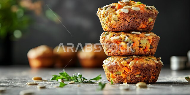 مهارة صنع وإعداد الفطائر في مطاعم المملكة العربية السعودية، المخبوزات التقليدية الشعبية، ثلاث فطائر جزر لذيذة مكدسة فوق بعضها البعض، المعجنات الطازجة ذات القيم الغذائية العالية، المأكولات الغنية بالبروتينات