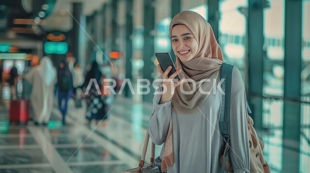 Using modern technology devices, chatting with friends and family, browsing social media, close-up of a smiling young veiled Saudi Arabian Gulf woman holding a mobile phone in her hand recording audio clips, blurry background
