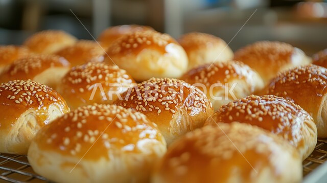 إتقان مهارة إعداد المخبوزات والمعجنات الشهية الطازجة في مطابخ المملكة العربية السعودية، صورة مقربة لمجموعة من قطع خبز السمسم الطازج، وجبة ذات قيمة غذائية، وصفات طعام صحية لذيذة