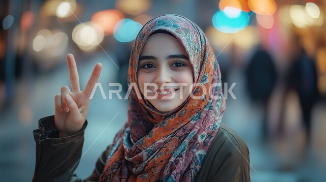 مفهوم الأنوثة و النعومة, أزياء محجبات عصرية أنيقة, الاهتمام بالأناقة و المظهر الخارجي, صورة مقربة لشابة عربية خليجية سعودية مبتسمة محجبة ترتدي الزي الكاجوال ترفع يدها بتعابير النصر و السلام و تنظر إلى الكاميرا بإيماءات السعادة و السرور، خلفية ضبابية