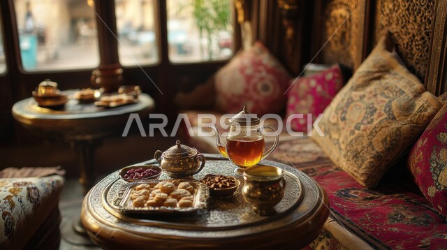 حسن استقبال الضيف وإكرامه, تقديم المشروبات الساخنة والحلويات للزوار, مفهوم الضيافة العربية الأصيلة, العادات الأصيلة المتوارثة من الأجداد، الشاي العربي الخليجي الفاخر، الأثاث المنزلي التراثي على الطراز القديم