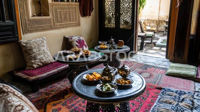 Good reception and hospitality of the guest, offering hot drinks and sweets to visitors, the concept of authentic Arab hospitality, authentic customs inherited from the ancestors, luxurious Arab Gulf tea, traditional home furniture in the old style