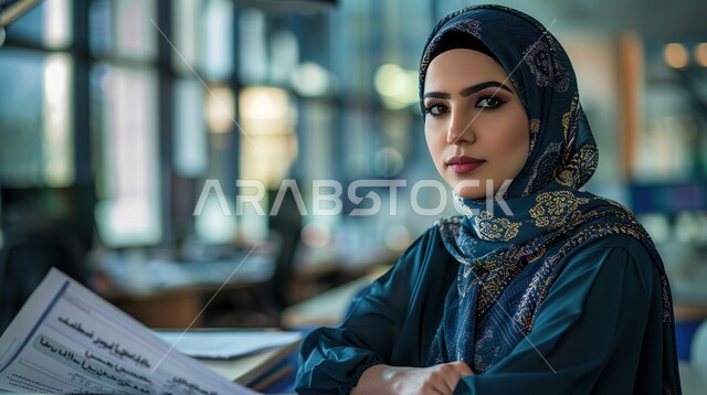 الاهتمام بالأناقة و المظهر الخارجي، مفهوم الأنوثة والنعومة، الملامح العربية القوية، أزياء محجبات عصرية، صورة مقربة لشابة عربية خليجية سعودية محجبة تنظر الى الكاميرا بإيماءات الجدية والثقة بالنفس، خلفية ضبابية