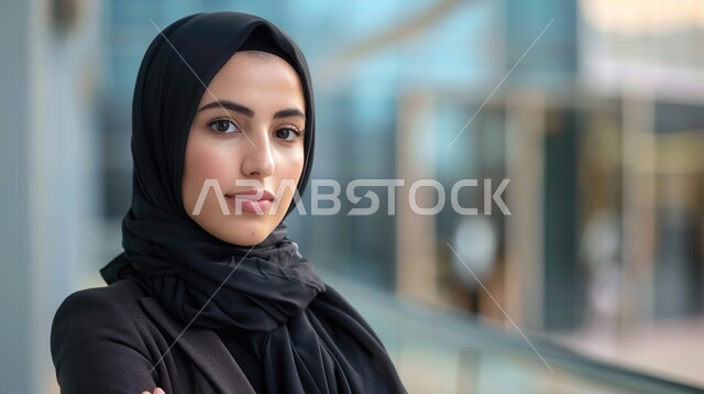 الاهتمام بالأناقة و المظهر الخارجي، مفهوم الأنوثة والنعومة، الملامح العربية القوية، أزياء محجبات عصرية، صورة مقربة لشابة عربية خليجية سعودية محجبة تنظر الى الكاميرا بإيماءات الجدية والثقة بالنفس، خلفية ضبابية