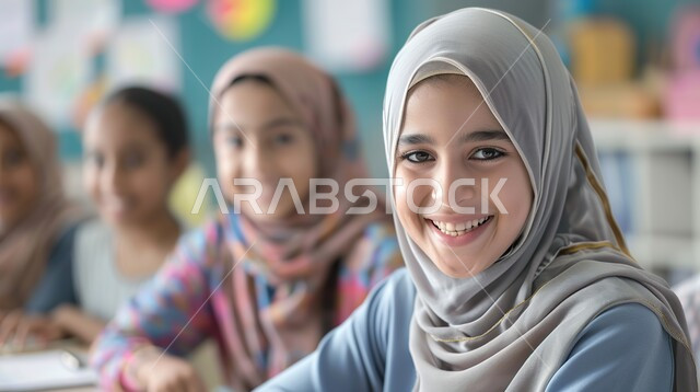 المتابعة والتركيز على الدروس في الفصل الدراسي، مفهوم التعليم في المملكة العربية السعودية، الحرص على التفوق والنجاح، صورة مقربة لطالبة شابة عربية خليجية سعودية محجبة تجلس على طاولة الدراسة بجانب مجموعة من الطلاب تنظر الى الكاميرا بايماءات السرور والسعادة