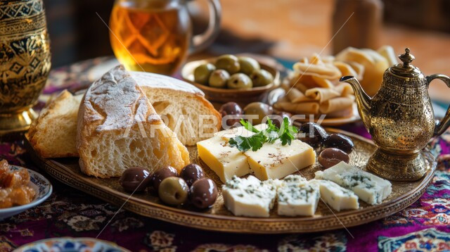 مائدة مليئة بانواع وأشكال مميزة من طعام الفطور الصباحي الصحي، المأكولات الشرقية في مطاعم المملكة العربية السعودية، فن التقديم وتحضير الوجبات الخفيفة، مفهوم تزيين وترتيب السفرة، أطباق شعبية صحية