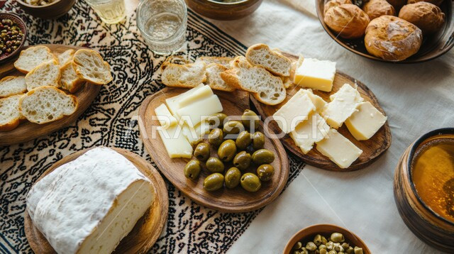 مائدة مليئة بانواع وأشكال مميزة من طعام الفطور الصباحي الصحي، المأكولات الشرقية في مطاعم المملكة العربية السعودية، فن التقديم وتحضير الوجبات الخفيفة، مفهوم تزيين وترتيب السفرة، أطباق شعبية صحية