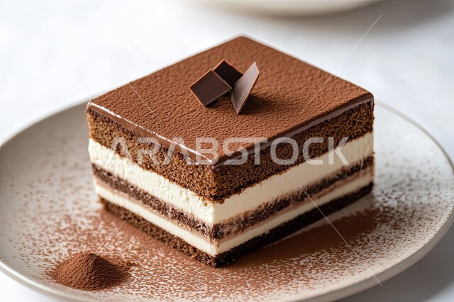 الحلويات العربية الشرقية الشهية، قطعة من حلوى التيراميسو بالكاراميل والشوكلاتة، أطعمة ومأكولات مليئة بالسكريات والسعرات الحرارية، فنون تقديم الطعام في مطاعم المملكة العربية السعودية، حلا بارد لذيذ