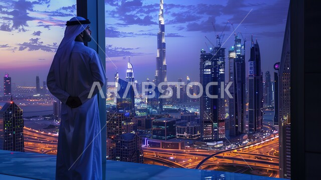 النمو والتقدم العمراني في المملكة العربية السعودية، المعالم السياحية المشهورة، الفن الهندسي المعماري الحديث, صورة من الخلف لرجل عربي خليجي سعودي يرتدي الزي التقليدي يقف أمام واجهة زجاجية وينظر إلى أفق المدينة، منظر الأبراج وناطحات السحاب المضيئة وقت الغروب