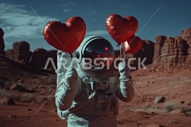 Digital development and future technology, technical progress and artificial intelligence, outer space and astronomy, an astronaut holding red heart-shaped balloons on Valentine's Day stands amidst golden sands and rock formations, romantic atmosphere on Valentine's Day in the desert nature
