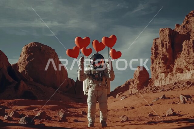 Technological progress and artificial intelligence, outer space and astronomy, an astronaut holding red heart-shaped balloons on Valentine's Day stands amidst golden sands and rock formations, romantic Valentine's Day atmosphere in the desert nature, digital development and future technology
