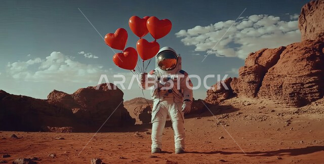 الفضاء الخارجي وعلم الفلك، رائد فضاء يمسك بلالين حمراء على شكل قلب بمناسبة عيد الحب يقف وسط الرمال الذهبية والتشكيلات الصخرية، الأجواء الرومانسية في الفالنتاين في الطبيعة الصحراوية، التقدم التقني والذكاء الإصطناعي، التطور الرقمي وتكنولوجيا المستقبل 