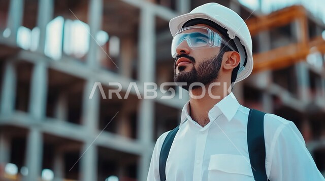 متابعة ومراقبة عملية البناء, مفهوم التطور التقدم العمراني في المملكة العربية السعودية, الاشراف على سير خطة العمل في موقع الانشاء, صورة مقربة  لمهندس عربي خليجي سعودي يرتدي خوذة ونظارة الحماية يعمل في المجال الهندسي, مهن ووظائف سعودية
