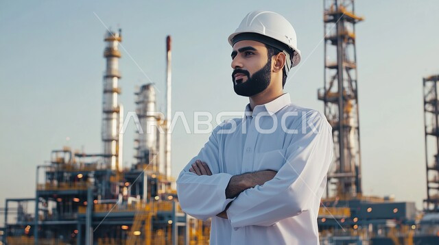 اعتماد التقنيات والتكنولوجيا الحديثة في إنتاجية الغاز في المملكة العربية السعودية, جودة معامل ومعدات إنتاج النفط, مهن ووظائف هندسية، متابعة سير أعمال المصنع، مشاريع صناعية بتروكيماوية، صورة مقربة لمهندس عرب خليجي سعودي يرتدي خوذة الوقاية