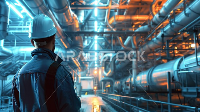 مهن ووظائف هندسية، متابعة سير أعمال المصنع، جودة معامل ومعدات إنتاج النفط, اعتماد التقنيات والتكنولوجيا الحديثة في إنتاجية الغاز في المملكة العربية السعودية, مشاريع صناعية بتروكيماوية، صورة مقربة لمهندس عرب خليجي سعودي يرتدي خوذة الوقاية يحمل بيده جهازالتابلت