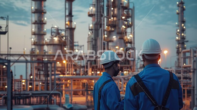 جودة معامل ومعدات إنتاج النفط, اعتماد التقنيات والتكنولوجيا الحديثة في إنتاجية الغاز في المملكة العربية السعودية, مشاريع صناعية بتروكيماوية، صورة مقربة لمجموعة منالمهندسين العرب الخليجيين السعوديين يرتدون خوذة الوقاية يحمل بيده جهازالتابلت، متابعة سير أعمال المصنع