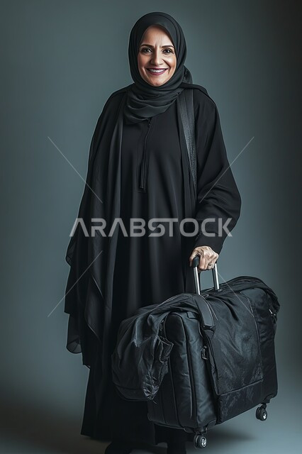 السياحة في إجازة الصيف, الشعور بالسعادة والفرح، الانطلاق لقضاء رحلة صيفية ممتعة, بورتريه لشابة عربية خليجية سعودية محجبة ترتدي العباءة السوداء تمسك حقيبة السفر تنظر إلى الكاميرا بإيماءات الحماس, صورة الجسم بالطول الكامل, خلفية سوداء