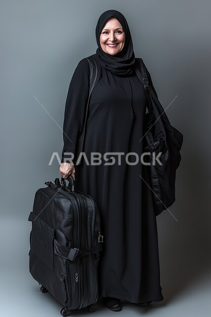 السياحة في إجازة الصيف, الشعور بالسعادة والفرح، الانطلاق لقضاء رحلة صيفية ممتعة,  بورتريه لشابة عربية خليجية سعودية محجبة ترتدي العباءة السوداء تمسك حقيبة السفر تنظر إلى الكاميرا بإيماءات الحماس, صورة الجسم بالطول الكامل, خلفية سوداء