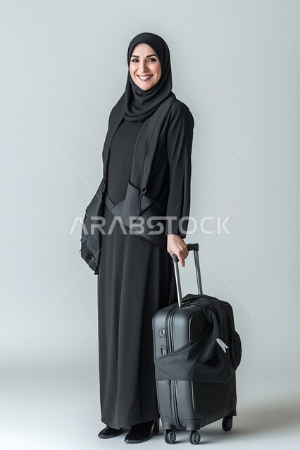 الشعور بالسعادة والفرح، الانطلاق لقضاء رحلة صيفية ممتعة,  السياحة في إجازة الصيف, بورتريه لشابة عربية خليجية سعودية محجبة ترتدي العباءة السوداء تمسك حقيبة السفر تنظر إلى الكاميرا بإيماءات الحماس, صورة الجسم بالطول الكامل, خلفية رماديه