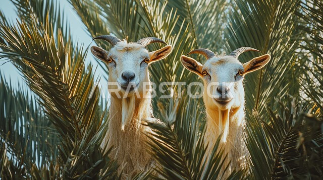 الاهتمام بزراعة اشجار التخيل، العناية بالحيوانات الثدية, صورة مقربة لحيوان الماعز يرعى في ارضي المملكة العربية السعودية، محميات طبيعية لتربية المواشي