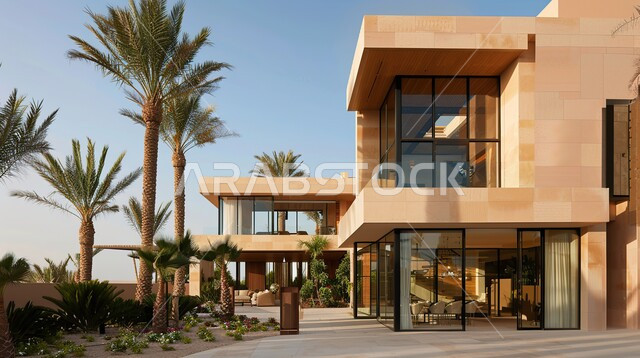 الفن الهندسي المعماري بواجهات زجاجية ضخمة, ديكورات وتصاميم خارجية عصرية متميزة على الطراز الحديث, البناء الخارجي الحديث المتطور، الاهتمام بزراعة الأشجار، منتجعات وشاليهات سياحية فاخرة في المملكة العربية السعودية، مجمع سكني راقي