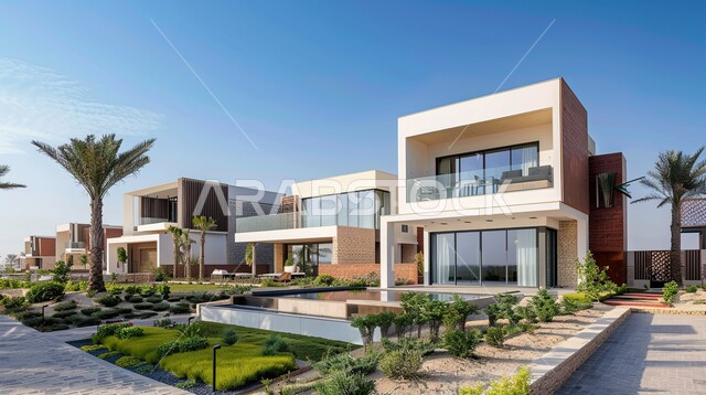 الفن الهندسي المعماري بواجهات زجاجية ضخمة, ديكورات وتصاميم خارجية عصرية متميزة على الطراز الحديث, البناء الخارجي الحديث المتطور، الاهتمام بزراعة الأشجار، منتجعات وشاليهات سياحية فاخرة في المملكة العربية السعودية، مجمع سكني راقي