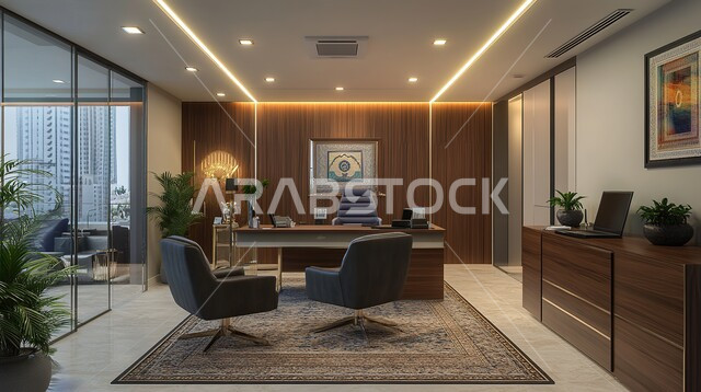 مكتب بديكور راقي على الطراز الحديث, الديكورات العصرية الفاخرة, تصاميم حديثة لمكاتب الشركات في المملكة العربية السعودية, التصميم الداخلي الأنيق, تجهيزات مكتبية أنيقة مع أثاث مكتبي مريح