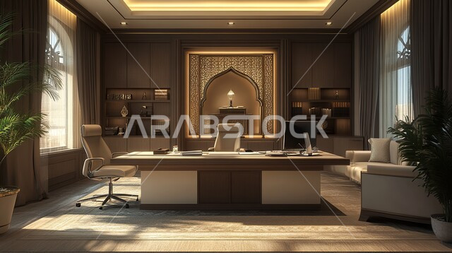 Modern designs for corporate offices in Saudi Arabia, luxurious modern decorations, office with high-end modern style decoration, elegant interior design, elegant office equipment with comfortable office furniture