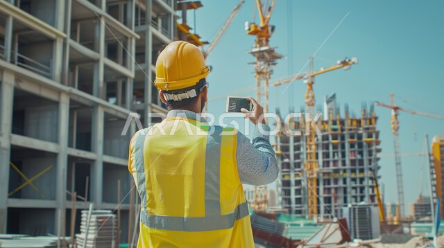 الات الحفر والبناء في مقر الإنشاءات، مهن ووظائف سعودية، الاشراف على المشاريع في موقع العمل، تطور ونمو القطاع الهندسي في المملكة، صورة من الخلف لمهندس عربي خليجي سعودي يرتدي سترة وخوذة الحمايةيصور مكان البناء باستخدام الهاتف المحمول 