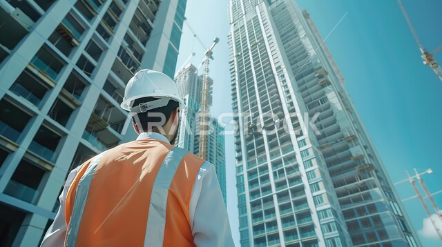 الاشراف على المشاريع في موقع العمل وقت النهار، صورة مقربة من الأسفل لمهندس عربي خليجي سعودي يرتدي سترة وخوذة الحماية يقف في مقر الإنشاءات، تطور ونمو القطاع الصناعي في المملكة، مهن ووظائف هندسية سعودية، الفن الهندسي المعمامي للمباني والمنشآت 