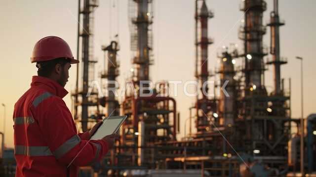 مفهوم العمل في القطاع الهندسي الصناعي، صورة من الخلف لمهندس عربي خليجي سعودي يرتدي خوذة وسترة الحماية يقوب بالاشراف على العمل عبر جهاز التابليت، مصانع تكرير البترول في المملكة العربية السعودية، التقنيات الحديثة في انتاج الزيوت والغاز 
