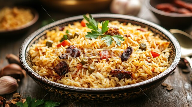 ولائم وأطباق عربية تقليدية شعبية، طبق من أرز الكبسة مع قطع اللحم المزين والخضروات، وصفات المأكولات والوجبات الشرقية الشهية، مطابخ ومطاعم المملكة العربية السعودية، صحن من البرياني باللحم الدسم، مهارة إعداد وصفة المندي الخليجي المشهورة بالتوابل الغنية بالنكهات 