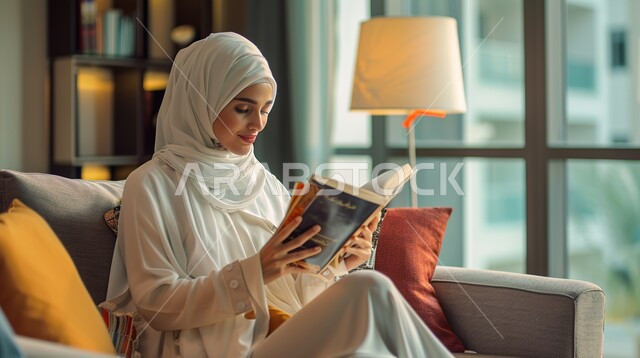 ايماءات التركيز والاستمتاع، قراءة الروايات والقصص، تمضية وقت الفراغ بالتعلم والتثقيف الذاتي، قضاء أوقات هادئة في المنزل، امرأة عربية خليجية سعويةمحجبة تحمل بيدها كتاب، ممارسة هواية المطالعة