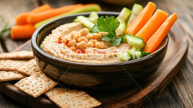 المقبلات النباتية الباردة اللذيذة، صورة مقربة لطبق من الحمص اللذيذ المزين بالخضراوات الطازجة، مأكولات وأطباق شعبية تقليدية، وصفات طعام شرقية عربية