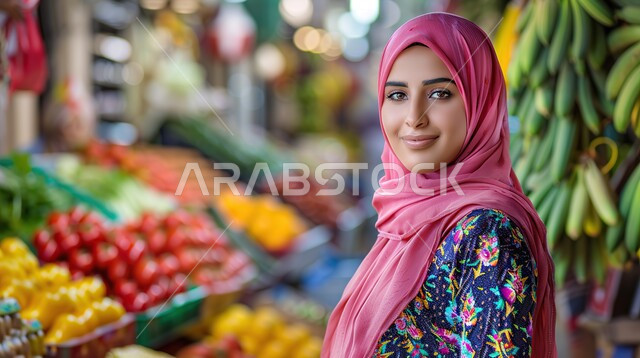 السلع والمواد غذائية المختلفة، قضاء وقت ممتع في المركز التجاري, شراء الاحتياجات و المستلزمات المنزلية للمستهلك، صورة مقربة لامرأة عربية سعودية خليجية محجبة تقوم بالتبضع في قسم الخضار والفواكه في سوبرماركت